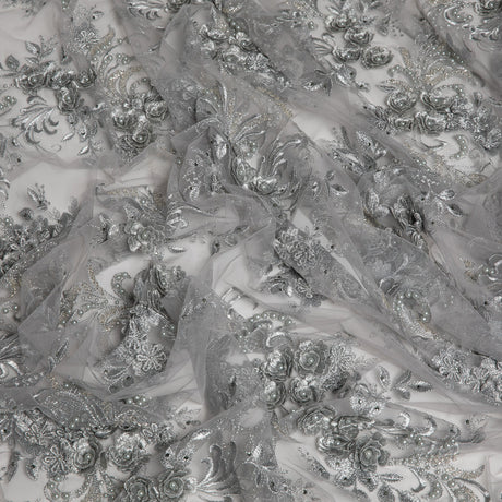 1 Yard Tulle Lace Fabric Embroidered 3D Floral Applique Beaded Polyester 50/52" Wide