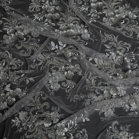 1 Yard Tulle Lace Fabric Embroidered 3D Floral Applique Beaded Polyester 50/52" Wide