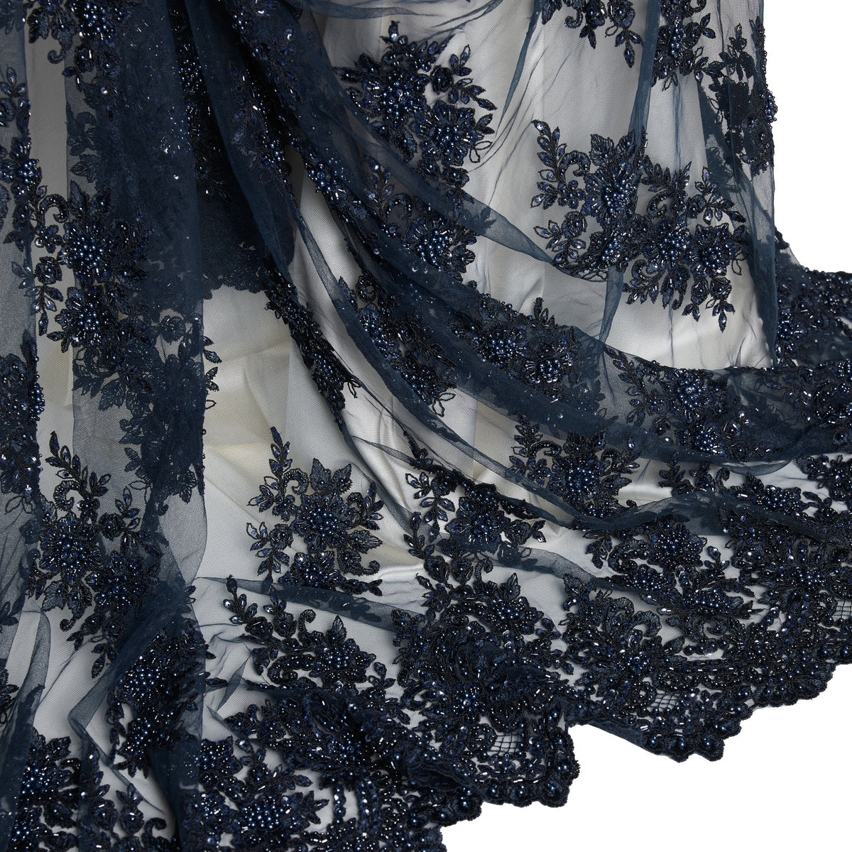 1 Yard Tulle Lace Fabric Embroidered with Beads & Sequins, 100% Polyester, 50/52" Wide