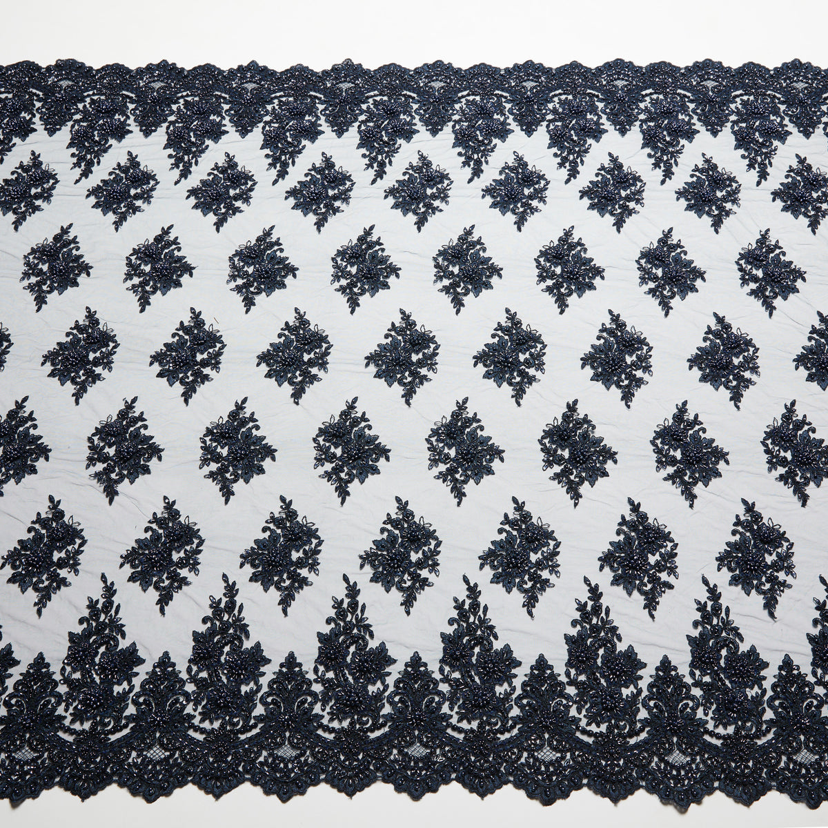 1 Yard Tulle Lace Fabric Embroidered with Beads & Sequins, 100% Polyester, 50/52" Wide