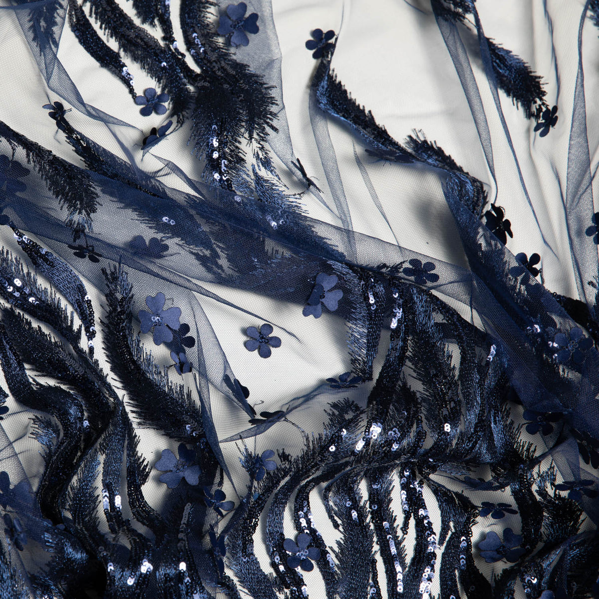 1 Yard Tulle Lace Fabric Metallic Embroidered with Applique & Intricate 3D Pattern, 50/52"