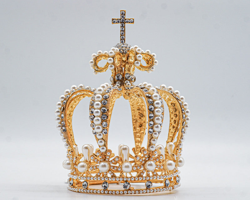 Gold Full King Pearl Crown with Rhinestone Crucifix