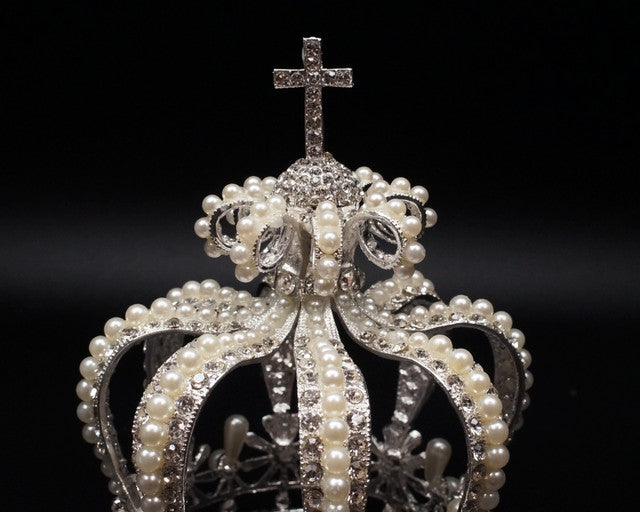 Silver Full King Pearl Crown with Rhinestone Crucifix