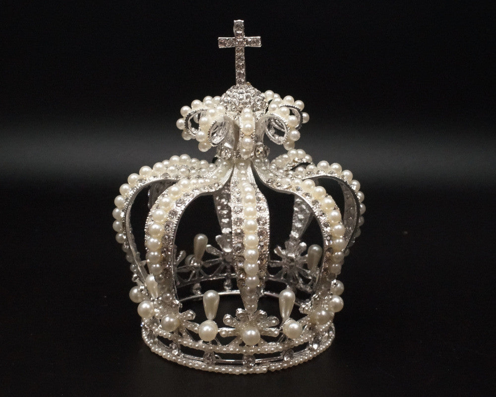 Silver Full King Pearl Crown with Rhinestone Crucifix