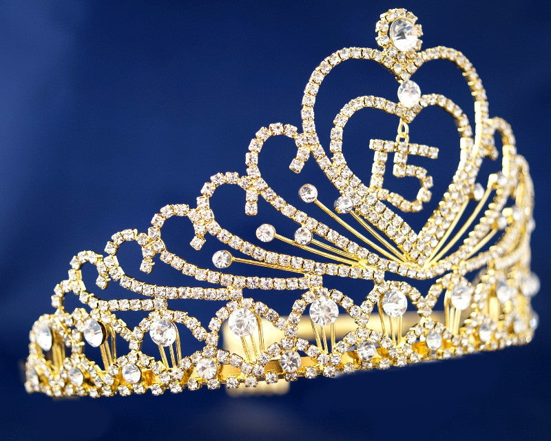Gold Crystal Mis Quince Quinceañera Rhinestone Tiara (TX002)