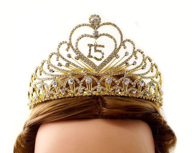 Gold Crystal Mis Quince Quinceañera Rhinestone Tiara (TX002)