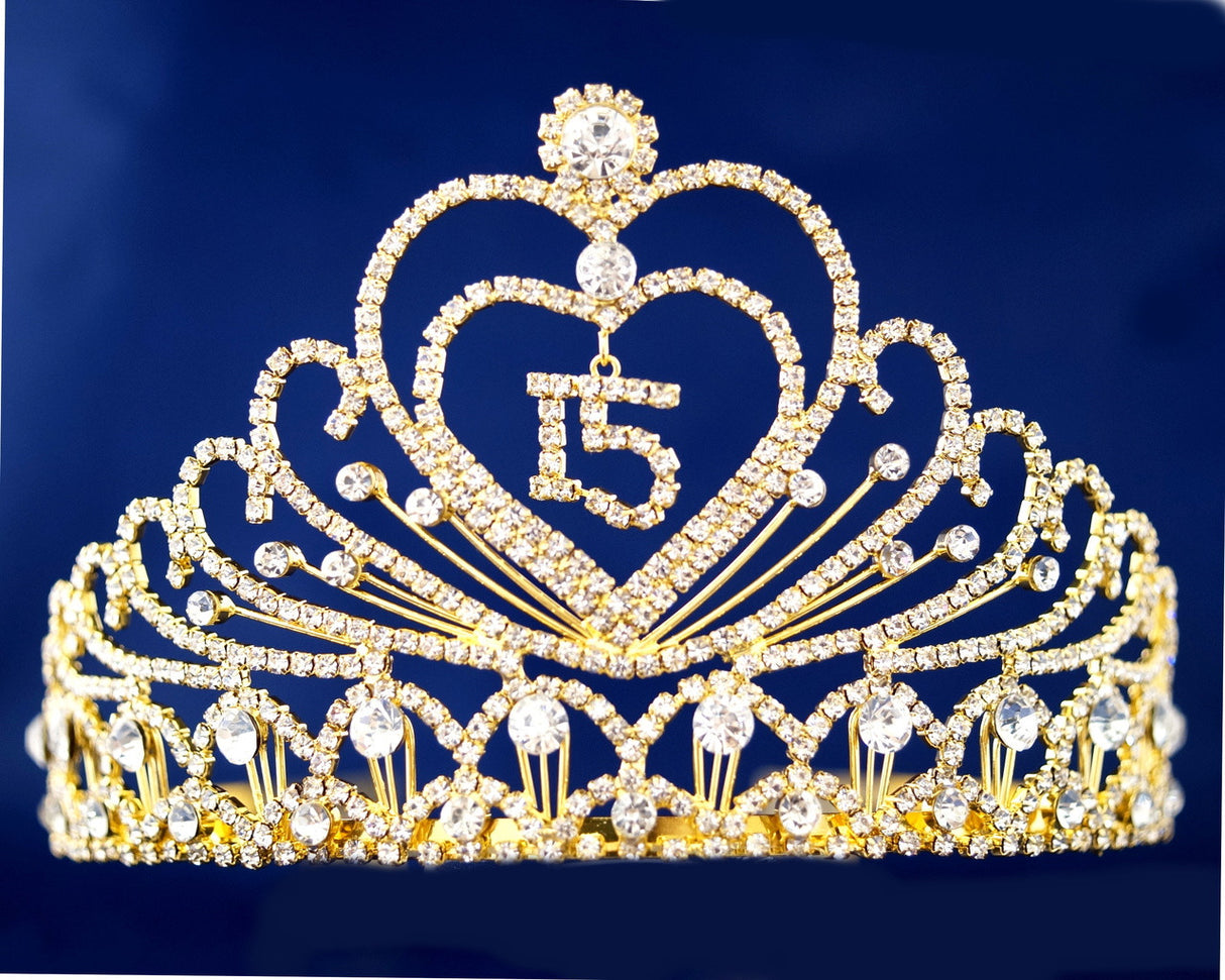 Gold Crystal Mis Quince Quinceañera Rhinestone Tiara (TX002)