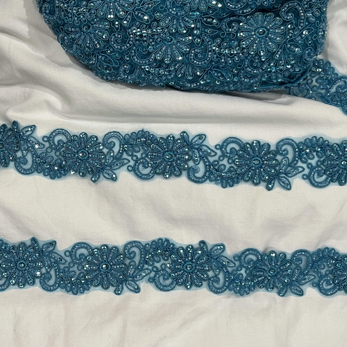 Beaded Corded Lace Trim on Polyester Mesh