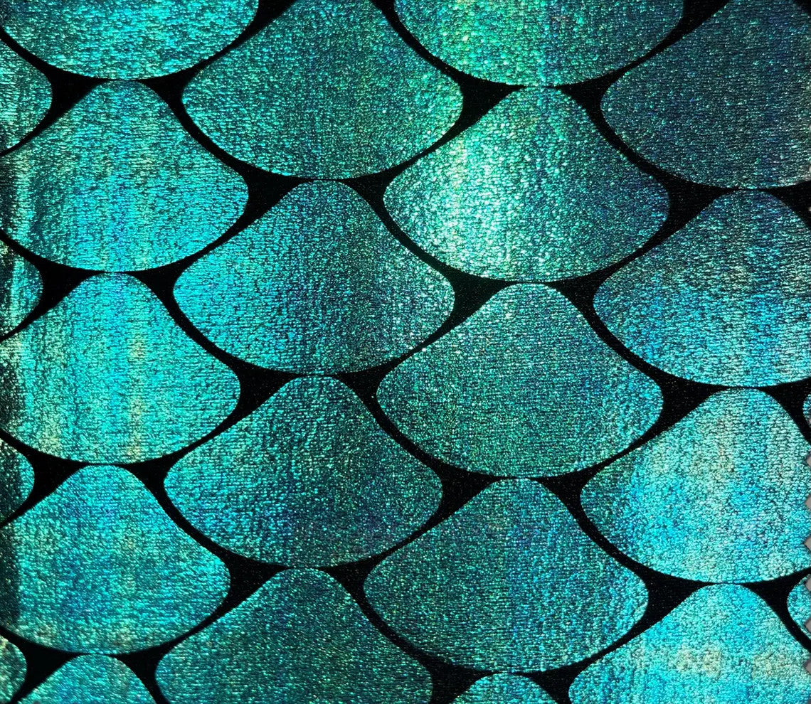 8 Colors Shiny Holographic Foil Mermaid Scales Pattern On Black Stretch Nylon Spandex Shiny Tricot Fabric - Black, Mermaid Scales, 58 To 60 Inches Wide