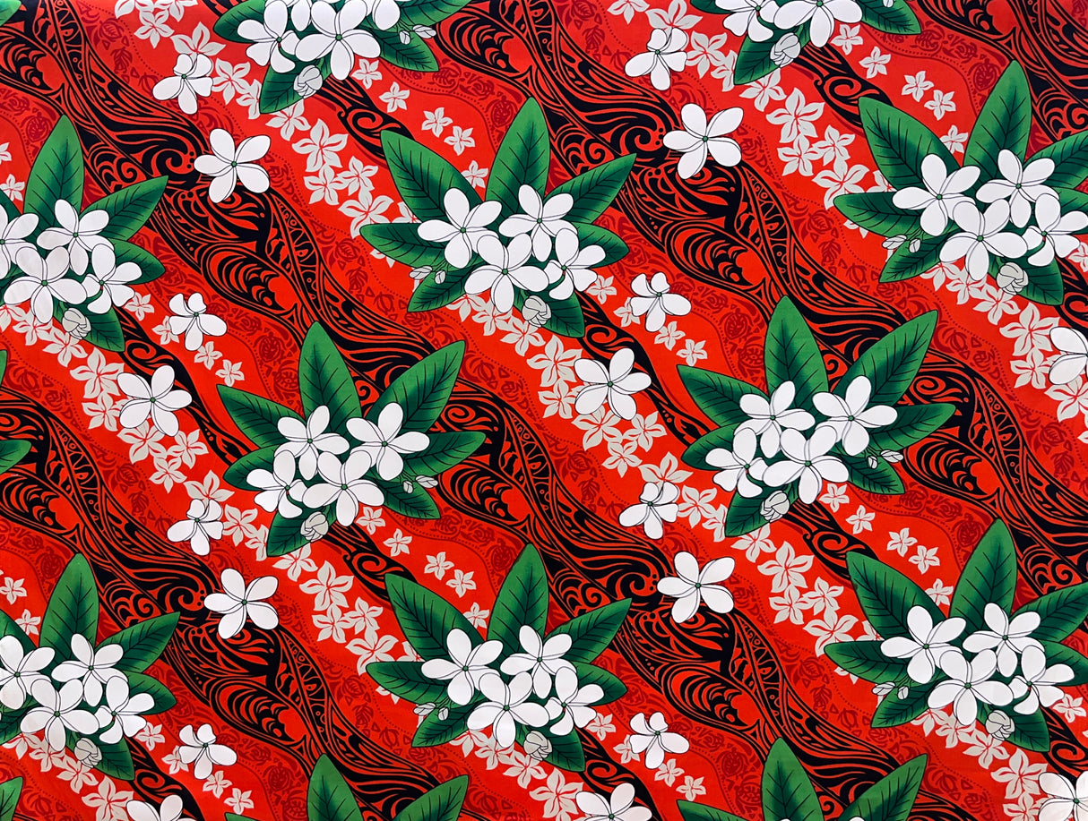 Tiare & Banana Leaf Tribal Design Cotton Fabric - Tribal Botanical Print, 45" Width (1 Yard)
