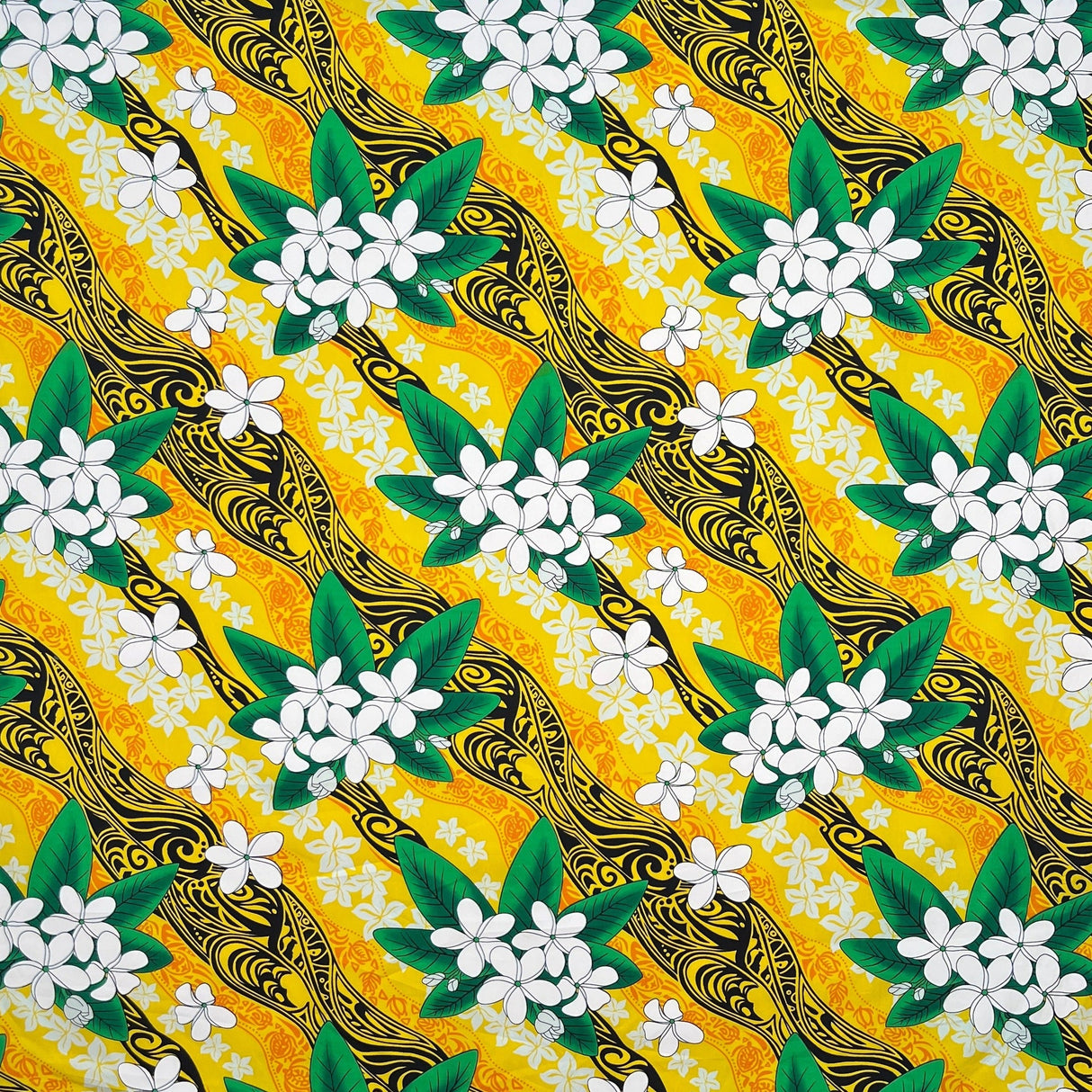 Tiare & Banana Leaf Tribal Design Cotton Fabric - Tribal Botanical Print, 45" Width (1 Yard)