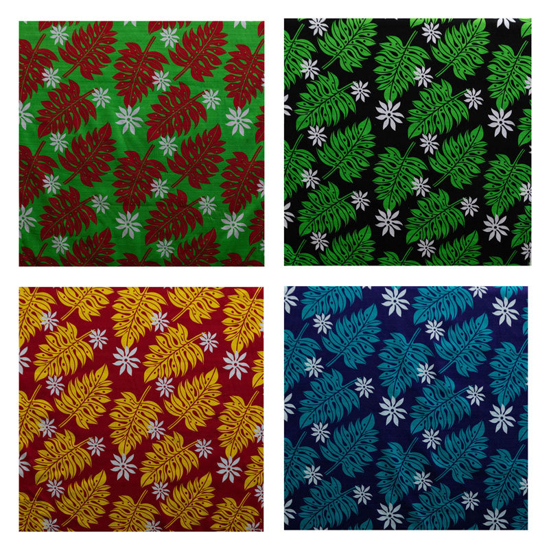 Tiare & Split Leaf Cotton Fabric - Light Barkcloth, White Background, Tropical Floral Leaf Print, 36" X 45" (1 Yard)