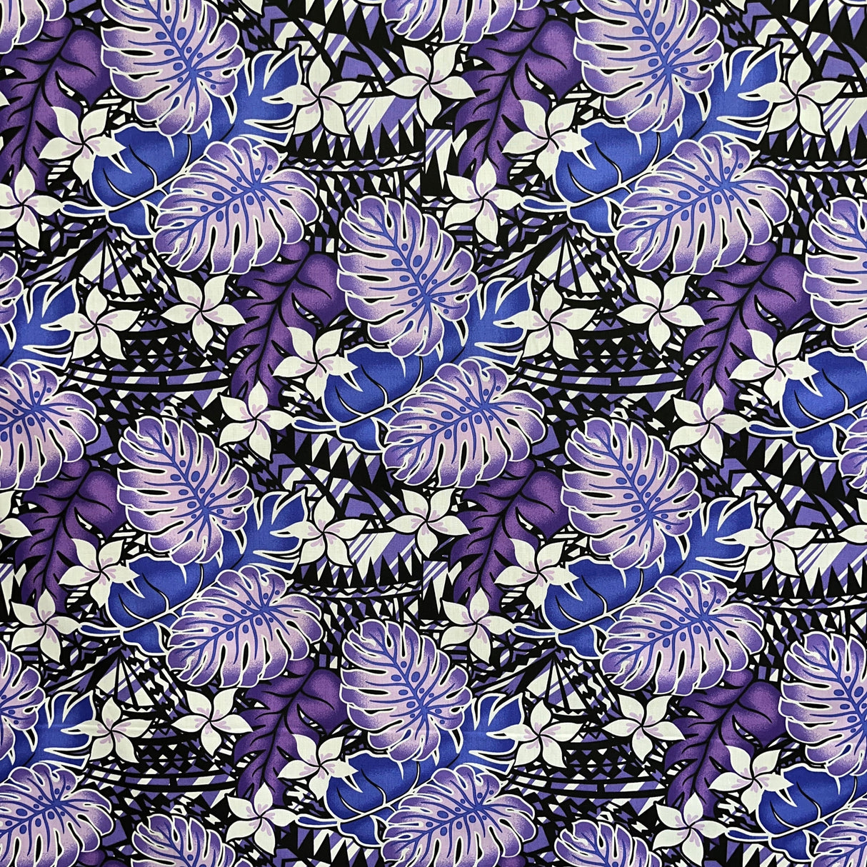 Tiare Split Leaf Monstera Poly-Cotton Fabric - Tropical Monstera And Tiare Print, 36" X 45" (1 Yard)