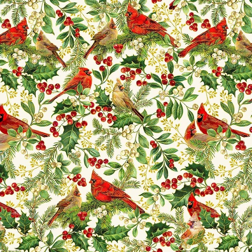 Quilting Cotton Cardinal on Branches Deck the Halls Collection Metallic Christmas Timeless Treasures