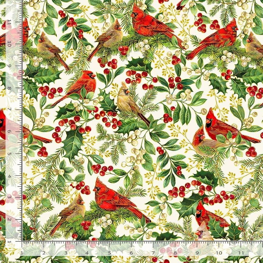 Quilting Cotton Cardinal on Branches Deck the Halls Collection Metallic Christmas Timeless Treasures