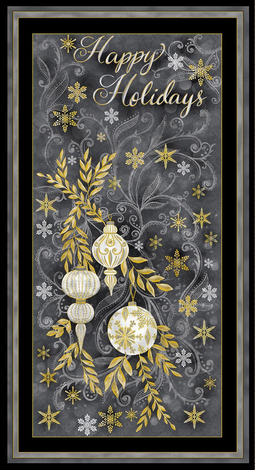 Fabric Panel Happy Holidays Grey Metallic Timeless Treasures