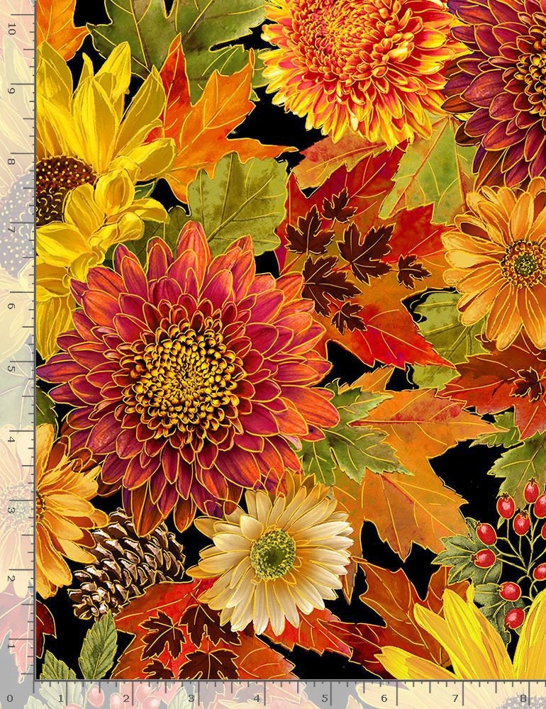 Quilting Cotton Packed Harvest Bouquets Metallic Black Timeless Treasures