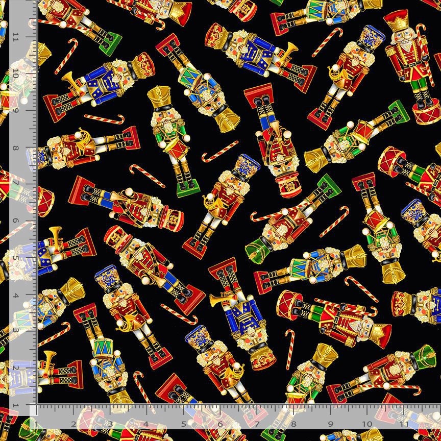 Quilting Cotton Tossed Nutcrackers Deck the Halls Black Metallic Christmas Timeless Treasures