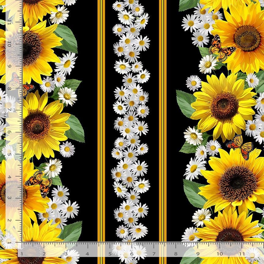 Quilting Cotton Sunflowers and Butterflies Stripe Timeless Treasures