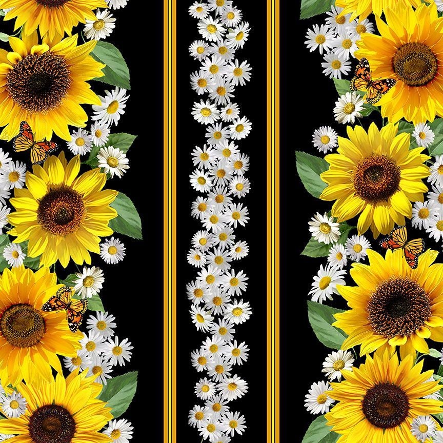 Quilting Cotton Sunflowers and Butterflies Stripe Timeless Treasures