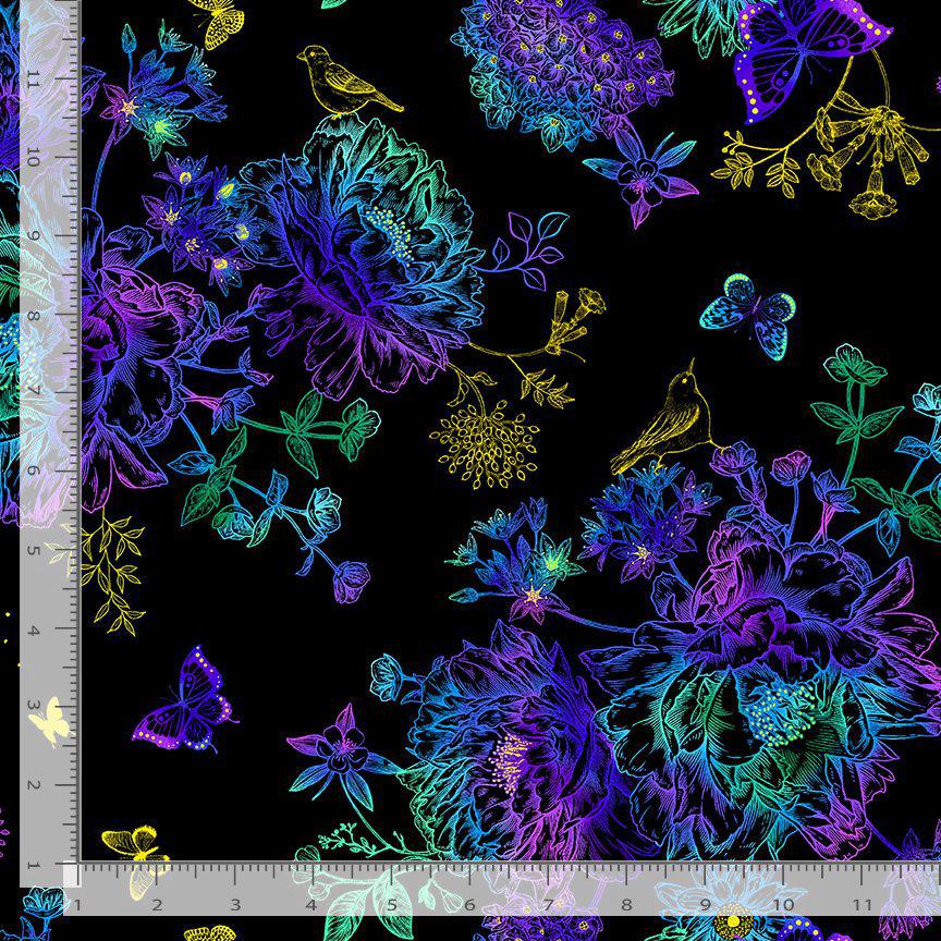 Quilting Cotton Floral Bird Etching Metallic Timeless Treasures