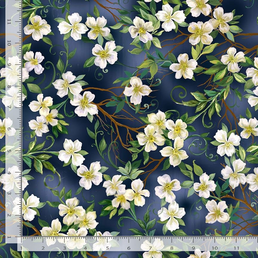 Quilting Cotton Birdhouse Collection Dogwood Floral Navy Timeless Treasures