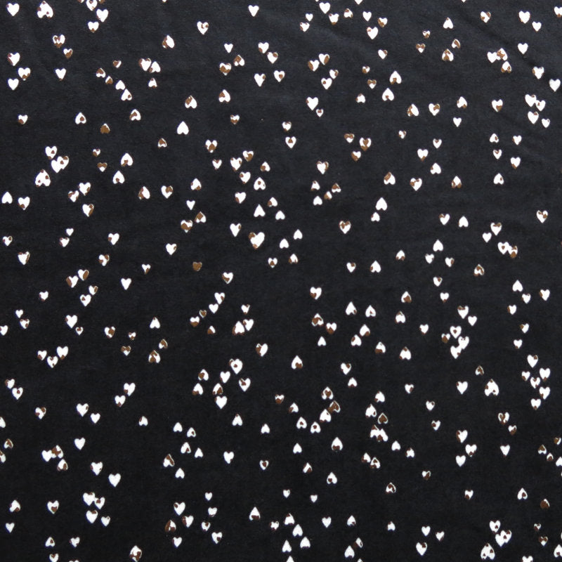 Poly Spandex Jersey Knit Fabric Tiny White and Rose Gold Foil Hearts on Black