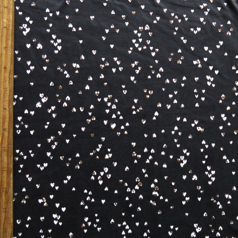 Poly Spandex Jersey Knit Fabric Tiny White and Rose Gold Foil Hearts on Black