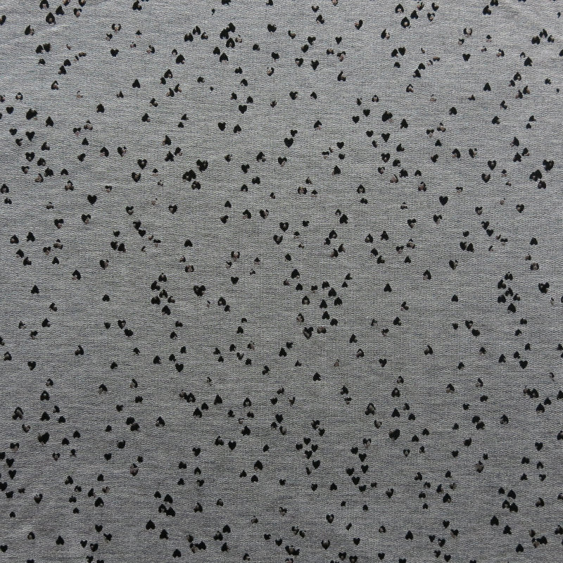 French Terry Rayon Spandex Tiny Black and Rose Gold Foil Hearts Heathered Grey 22" Remnant