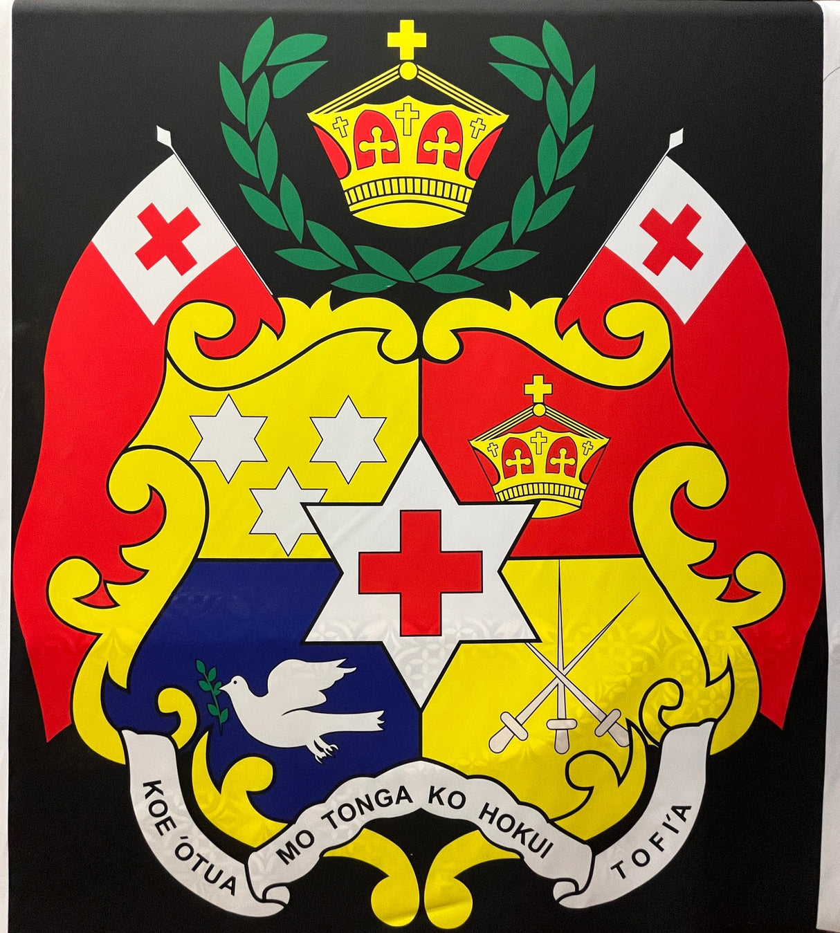 Tongan Seal Satin Polyester Fabric - White And Black Seal Of Tonga, 60" X 68" Panel (1 Panel)