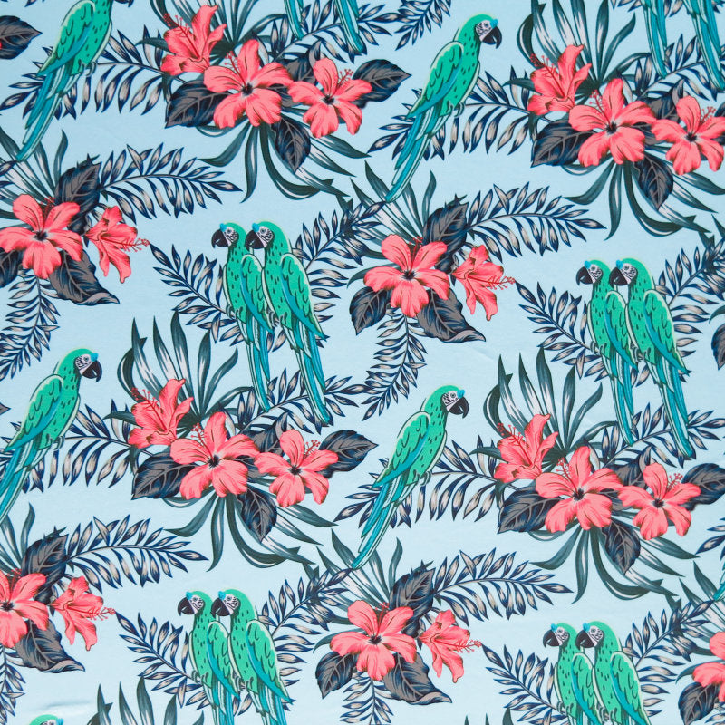 Swim Knit Poly Spandex Toucans and Hibiscus on Blue