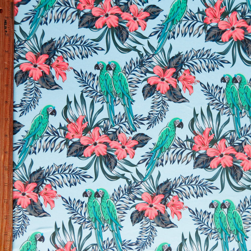 Swim Knit Poly Spandex Toucans and Hibiscus on Blue