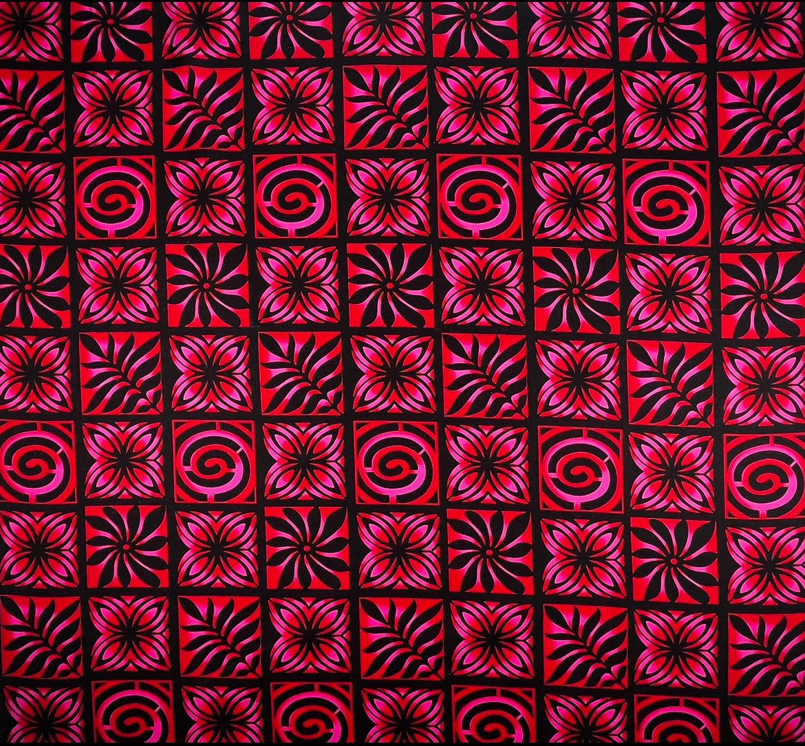 Traditional Polynesian Tapa Checkered Design Cotton Light Barkcloth Fabric - Fuchsia & Black, Rust & Cream, Navy & Gold, Blue & Yellow, Green & Blue, 45" Width (1 Yard)