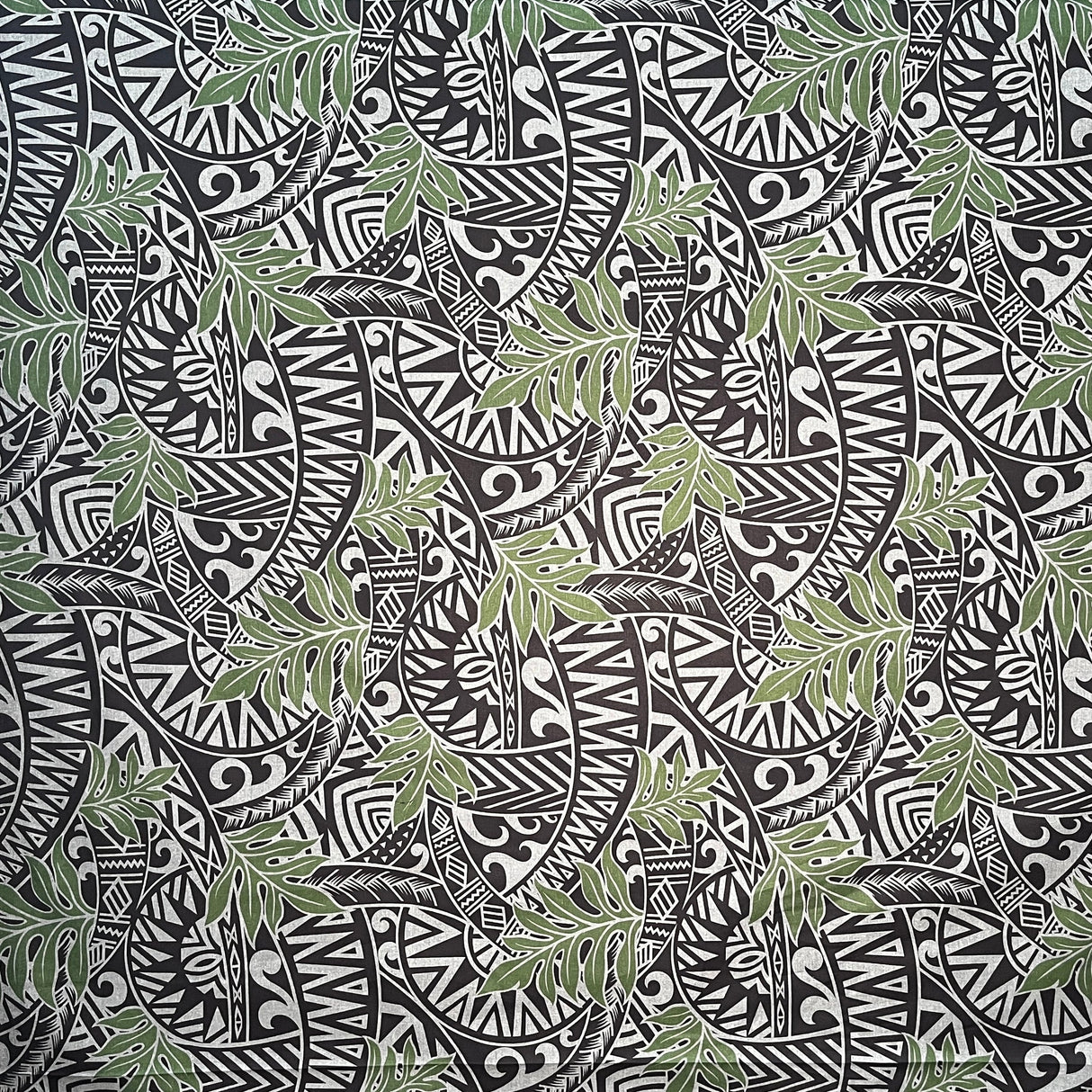 Traditional Polynesian Tattoo Philodendron Leaves Polyester Cotton Fabric - Chambray Denim Look, 36" X 58-60" Width (1 Yard)
