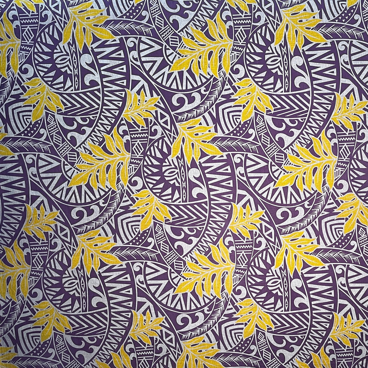 Traditional Polynesian Tattoo Philodendron Leaves Chambray Fabric - Denim Look, Black & Green, Purple & Yellow, Maroon Oak & Blue, 36 X 58-60 In (1 Yard)