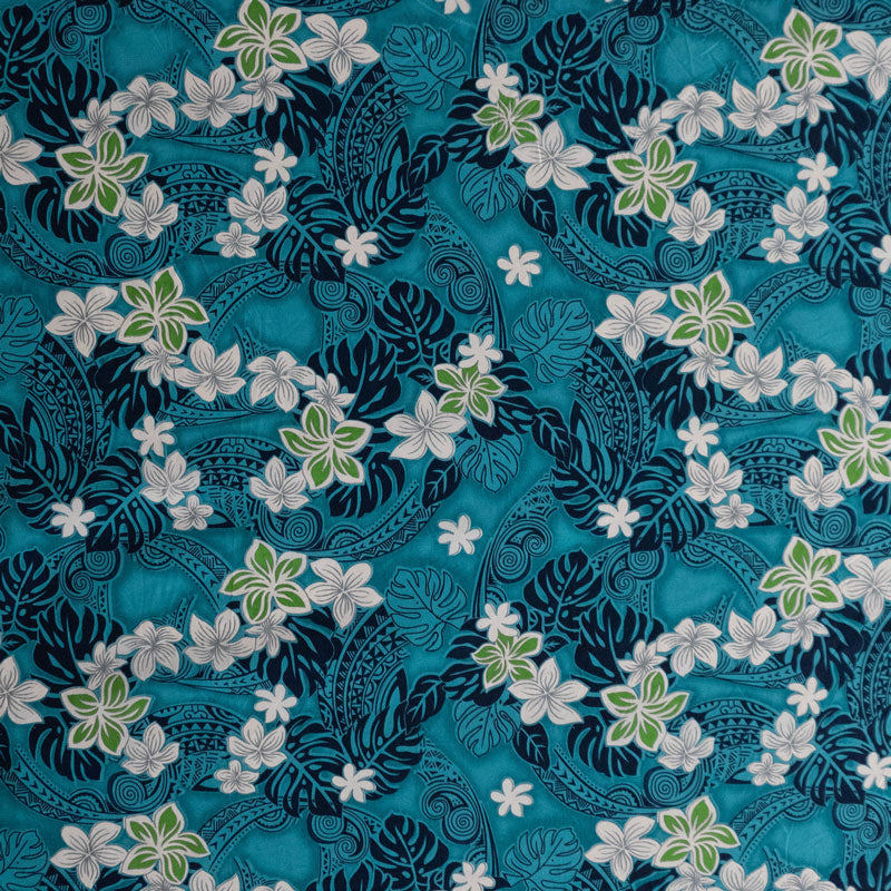 Traditional Polynesian Tattoo Plumeria Tiare Design Peachskin Fabric - Teal, 45" Width (1 Yard)