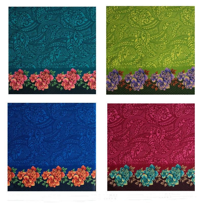 Traditional Polynesian Tattoo Rose Polka Dot Border Peachskin Fabric - Red, Lime Green, Royal, Fuchsia, Teal, 45" Width (1 Yard)