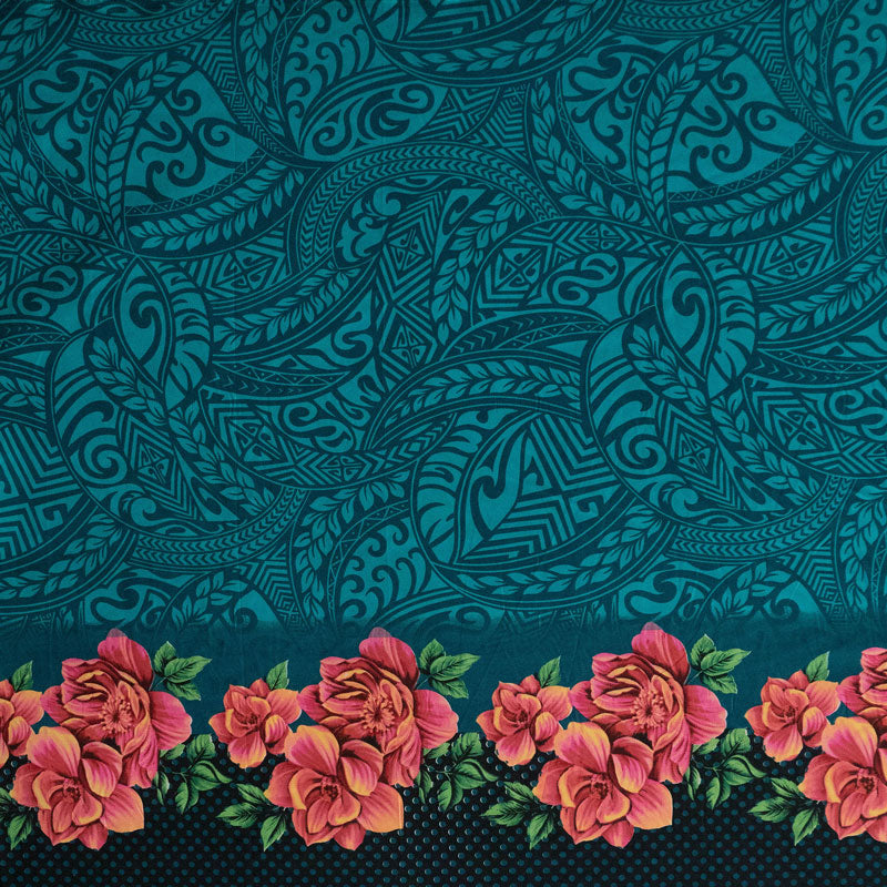 Traditional Polynesian Tattoo Rose Polka Dot Border Peachskin Fabric - Red, Lime Green, Royal, Fuchsia, Teal, 45" Width (1 Yard)