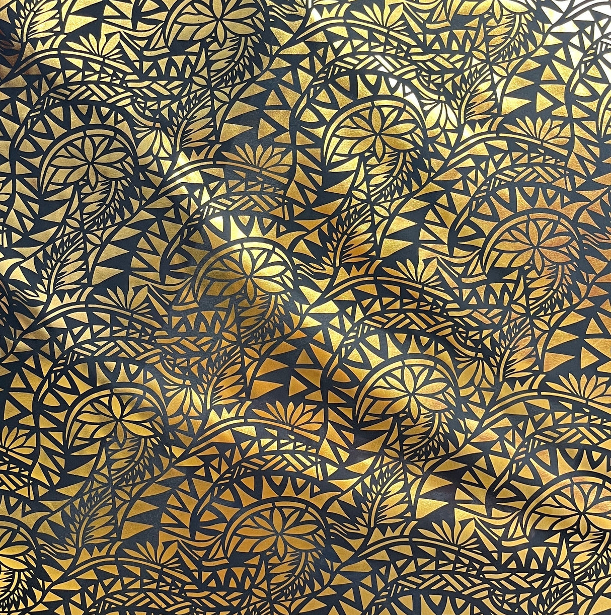 Polyester Foil Fabric Traditional Polynesian Tattoo Water Lily Design