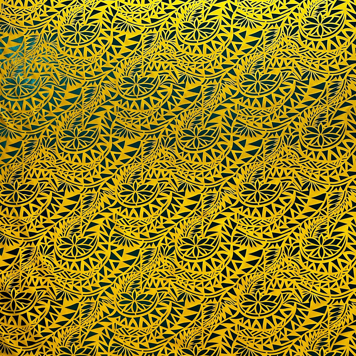 Traditional Polynesian Tattoo Water Lily Design Polyester Foil Fabric - Yellow/ Green, Black/Black, White/Silver, Black & Gold, 36" X 60" (1 Yard)