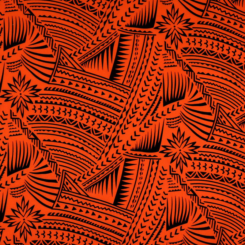 Traditional Polynesian Tattoo With Flower Flocking Polyester Fabric - Tribal Tattoo Print, 60" Width (1 Yard)