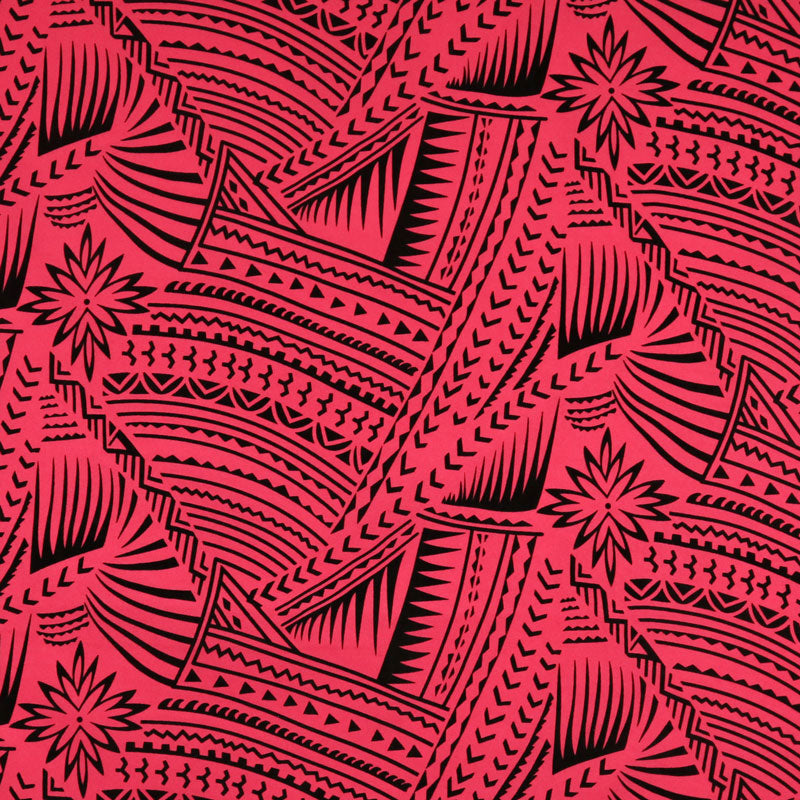 Traditional Polynesian Tattoo With Flower Polyester Flocking Fabric - Orange & Black, 60" Width, 36" Yard Cut (1 Yard)