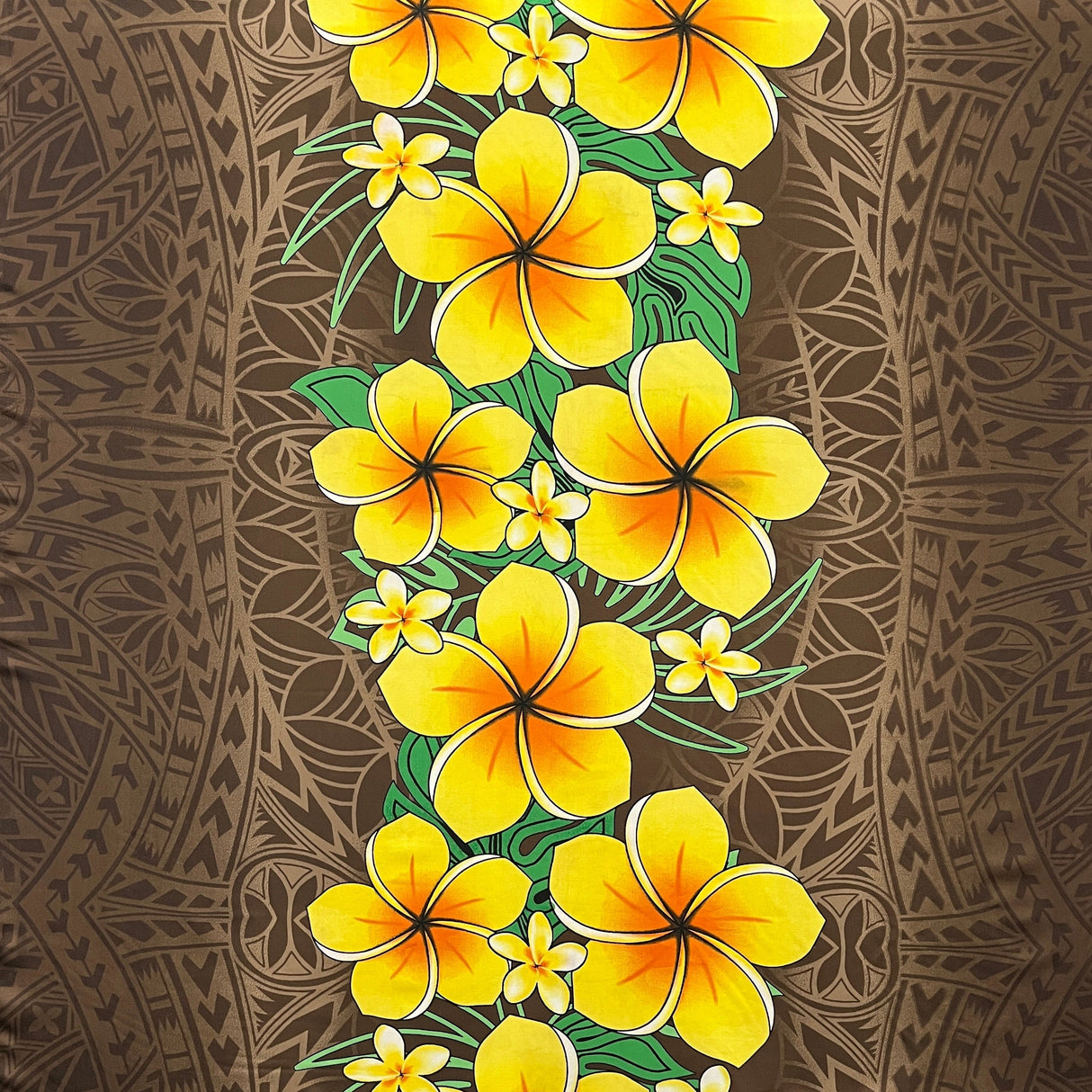 Traditional Tattoo Plumeria Monstera Leaves Design Peachskin Fabric - Red, Brown, Royal, 36" X 45" (1 Yard)