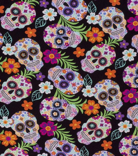 Flannel Fabric Tropical Sugar Skulls Halloween Floral Skulls