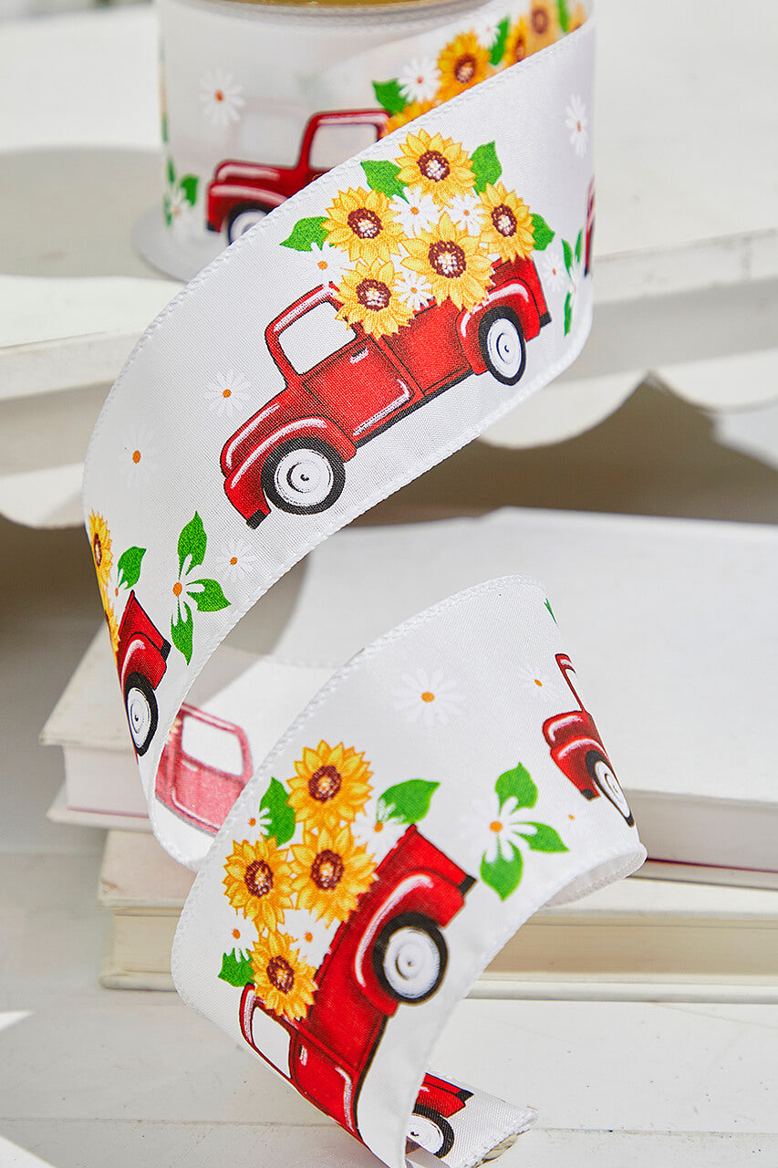 2.5" x 10 Yards Truck with Flowers White Ribbon