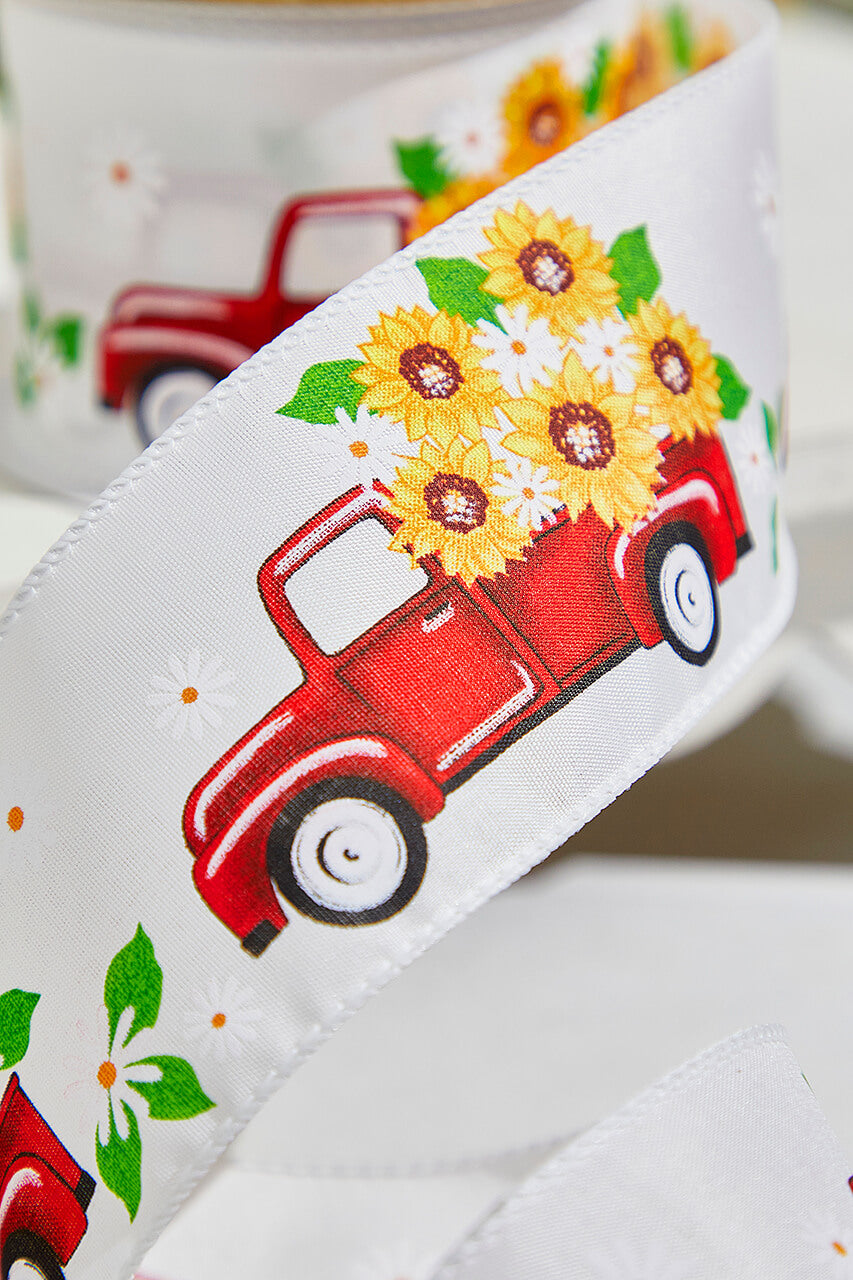 2.5" x 10 Yards Truck with Flowers White Ribbon