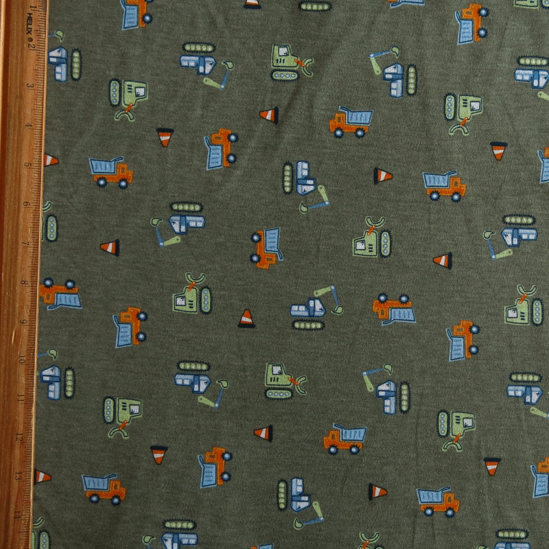 Poly Cotton Jersey Knit Trucks on Green