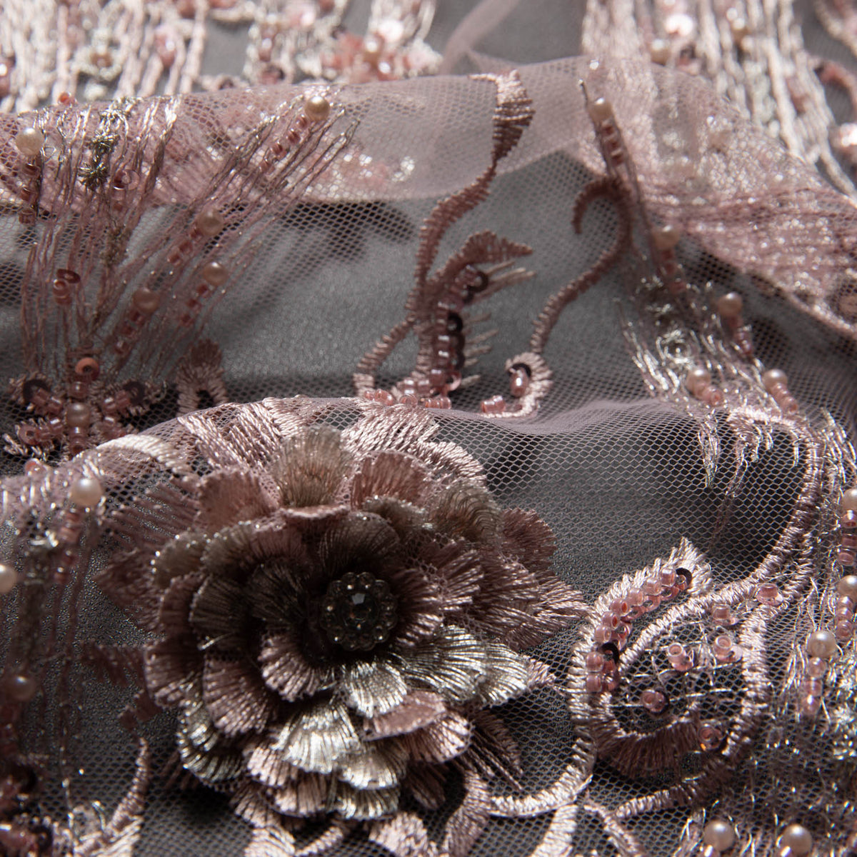 1 Yard Tulle Lace Fabric with Beautiful 3D Floral Embroidery, 52" Wide