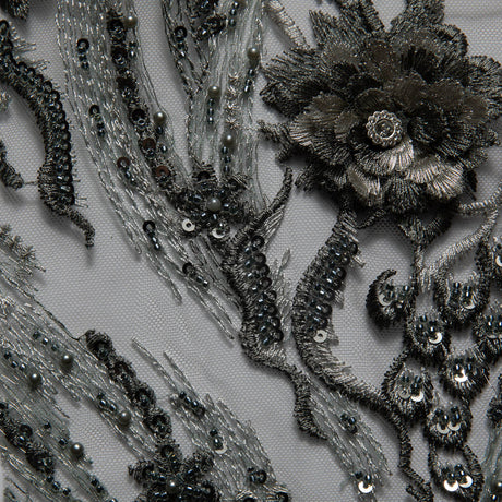 1 Yard Tulle Lace Fabric with Beautiful 3D Floral Embroidery, 52" Wide