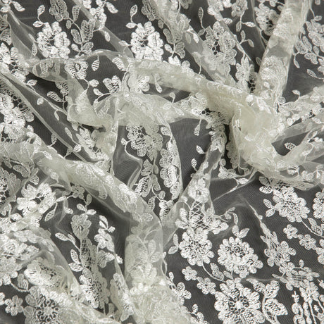 1 Yard Tulle Lace Fabric with Beautiful Intricate Embroidery, 52" Wide